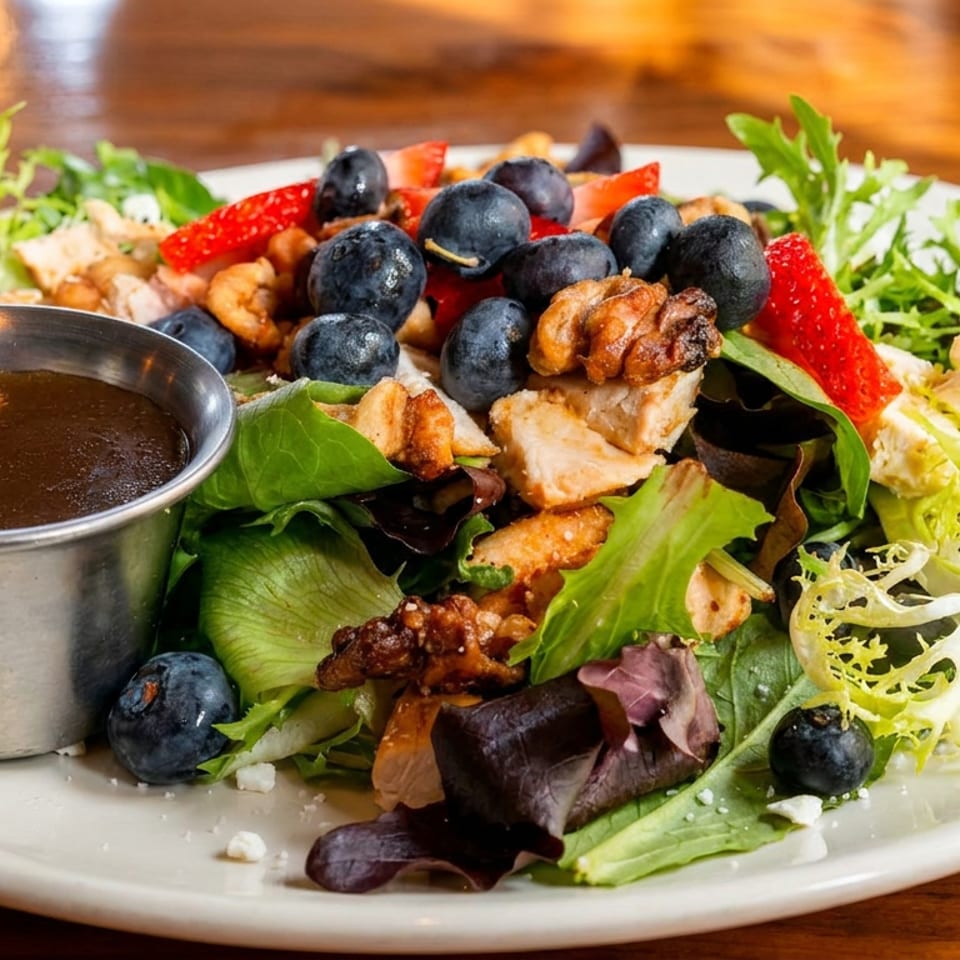 A vibrant salad with mixed greens, chicken, blueberries, strawberries, walnuts, and a side of dressing.