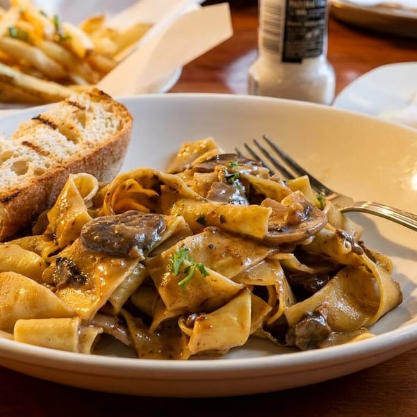 Mushroom pappardelle pasta with grilled bread, a burger, and fries on a wooden table.